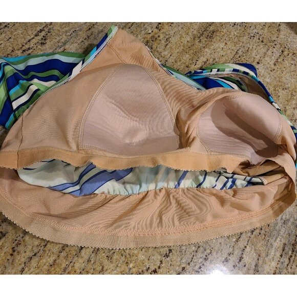 LL Bean Tankini Swim Skirt Set Plus Size 18 Blue Green Stripe Halter - Picture 15 of 16